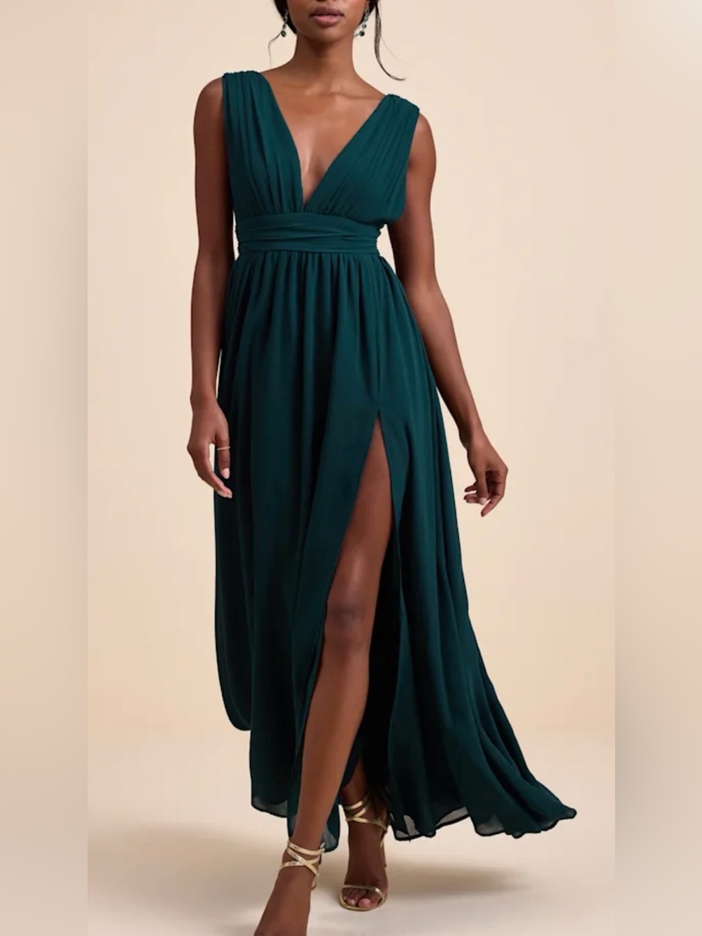 Lulus Heavenly Hues Maxi Formal Low Cut A-Line Dress in Emerald Green size Small